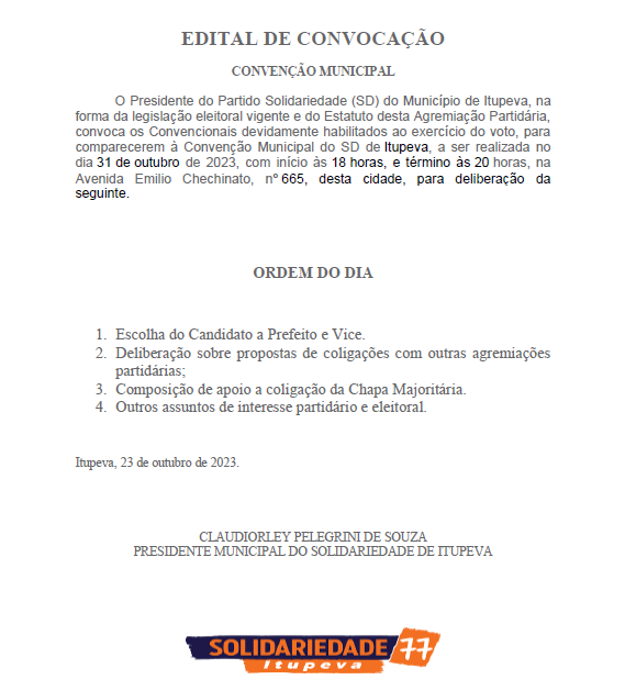 EDITAL DE CONVOCAÇÃO  SOLIDARIEDADE ITUPEVA