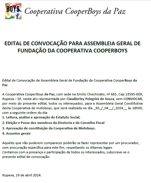 Criação da Cooperativa dos Motoboys da Região Metropolitana de Jundiaí e Itupeva