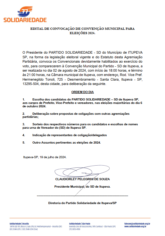 EDITAL DE CONVOCAÇÃO DE CONVENÇÃO MUNICIPAL EM 02/08/2024