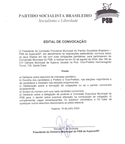 PSB de Itupeva/SP, em atendimento às disposições estatutárias, convoca para participarem da Convenção Municipal