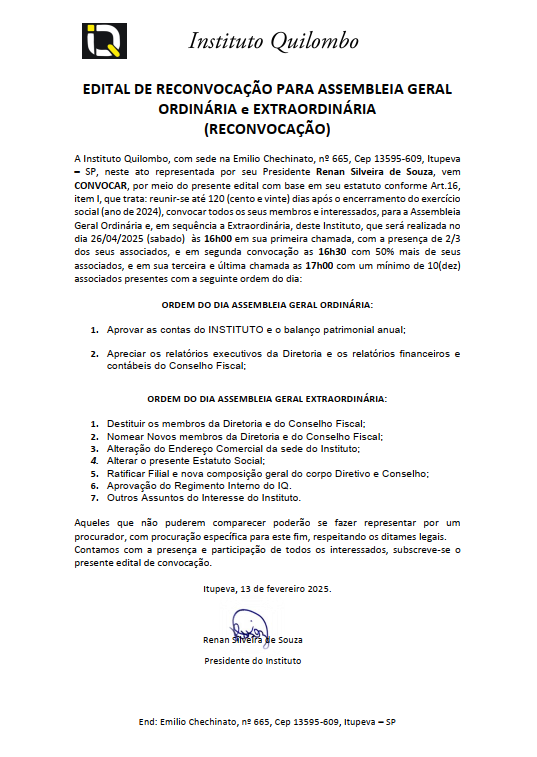 EDITAL DE RECONVOCAÇÃO PARA ASSEMBLEIA GERAL ORDINÁRIA e EXTRAORDINÁRIA